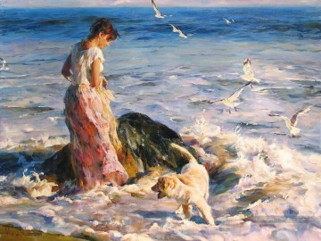 jolie fille chien goélands MIG 32 Impressionist Peinture à l'huile